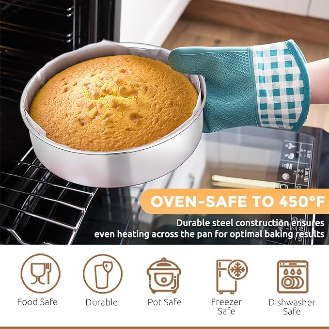 E-far Stainless Steel Baking Pan Set, 6-Piece Metal Bakeware Sets Include Cookie Sheet, Round Square Rectangle Cake Pans, Non-toxic & Dishwasher Safe - Image 3