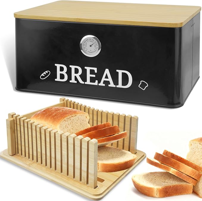 Black Bread Box for Kitchen Countertop, Bamboo Lid with Hygrometer by Unknown
