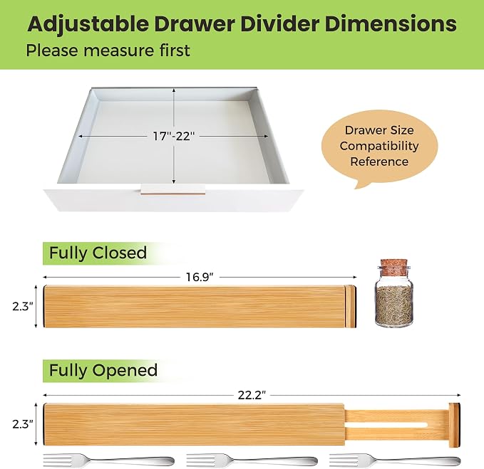 Fyvva Drawer Organizer, Spring-Loaded Expandable Bamboo Dividers 4-Pack | Large Kitchen Drawer Organizer, Adjustable 16.9 to 22.2 in, 2.3in High Non Slip for Kitchen Clothes Bathroom Office Natural - Image 2