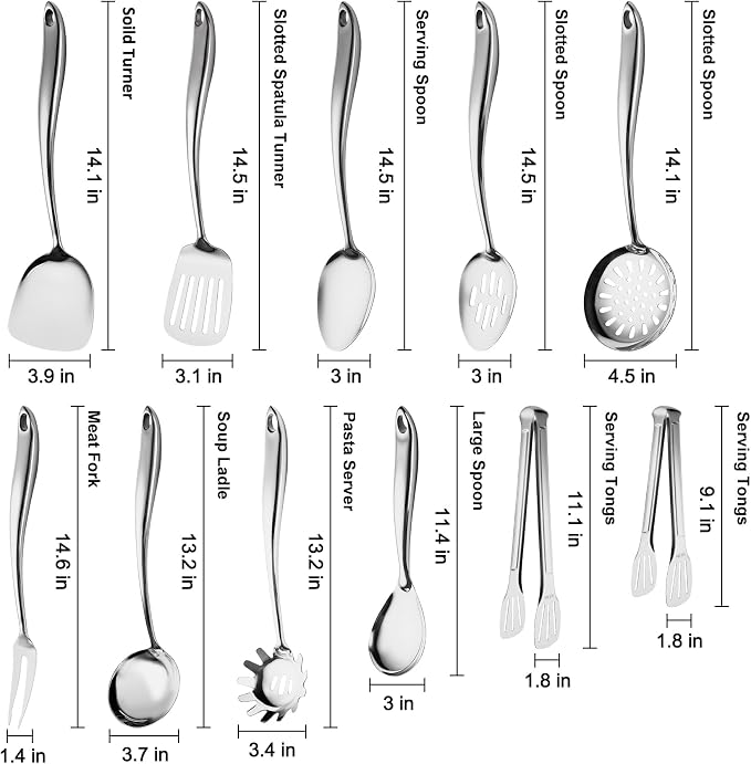 304 Stainless Steel Kitchen Utensils Set, 11 PCS Metal Cooking Utensils Set with Spatula, Spoon, Ladle, Skimmer, Turner, Pasta Server, Tongs - Image 2