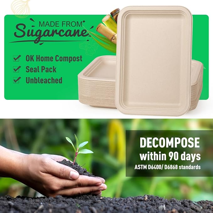 Gezond 50 Pack 14 Inch Disposable Food Trays Crawfish Trays Heavy-Duty | Large Paper Plates Compostable Plate Sugarcane Eco-friendly for Crawfish Seafood Party BBQ Thanksgiving Natural - Image 3