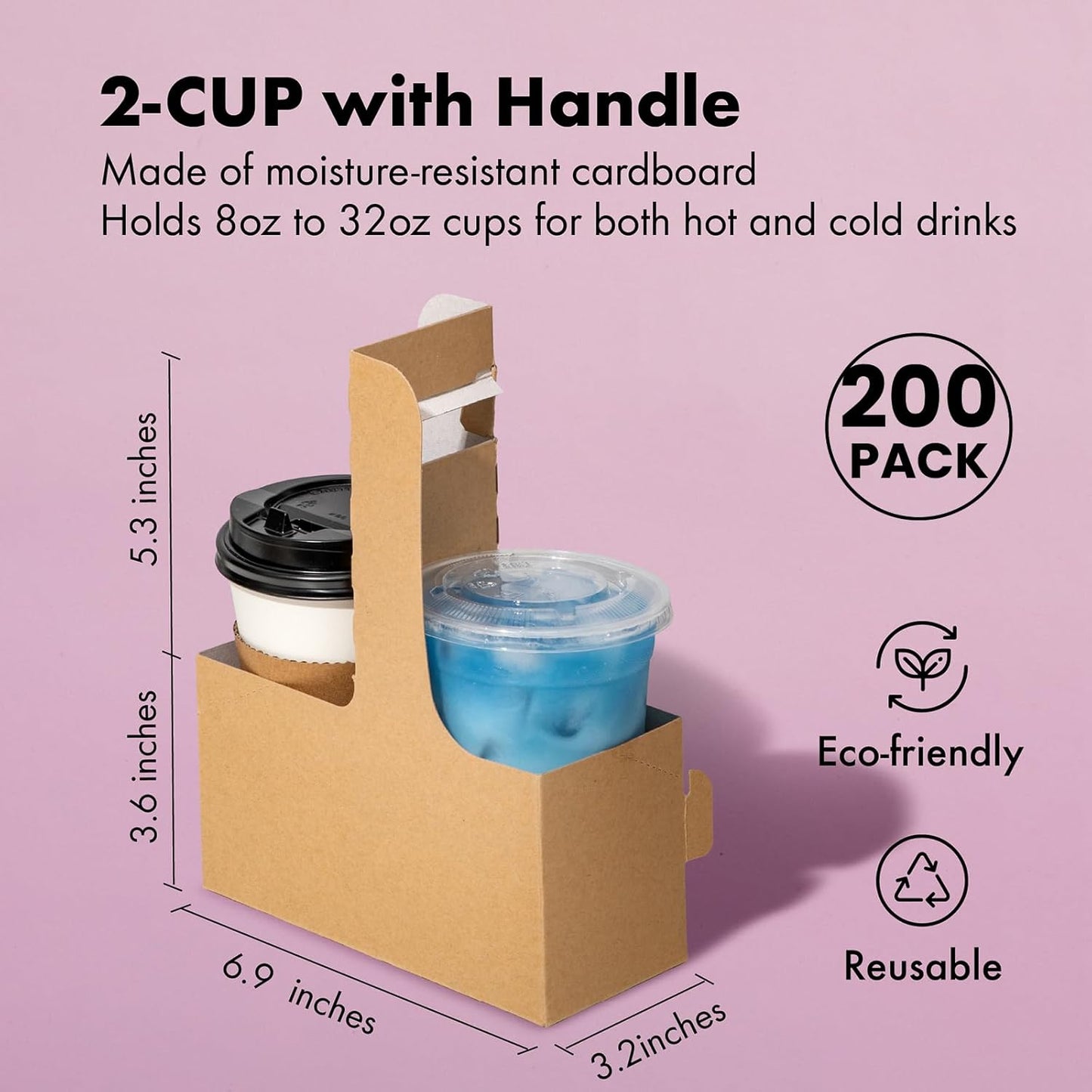 FMP Brands 2 Cup Disposable Drink Carrier with Handle, 200 Pack Kraft Paperboard Handled Drink Carriers 12-30 oz to Go Coffee Cup Holder, Cup Carrier for Cold Hot Drinks, Takeout, Cafe