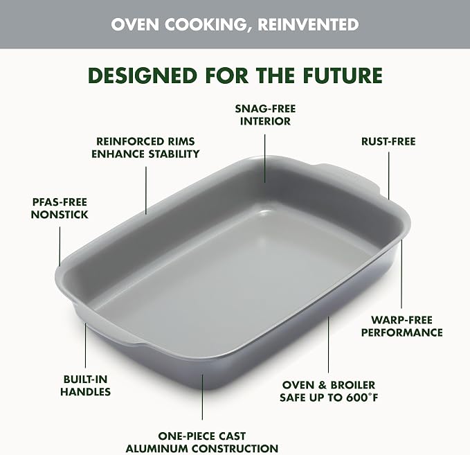 GreenPan Premiere Ovenware Healthy Ceramic Nonstick 13" x 9" Rectangular Baking Pan, Cast Aluminum Bakeware, Warp-Free, Oven and Broiler safe to 600F,Dishwasher Safe, PFAS-Free, Gray - Image 4