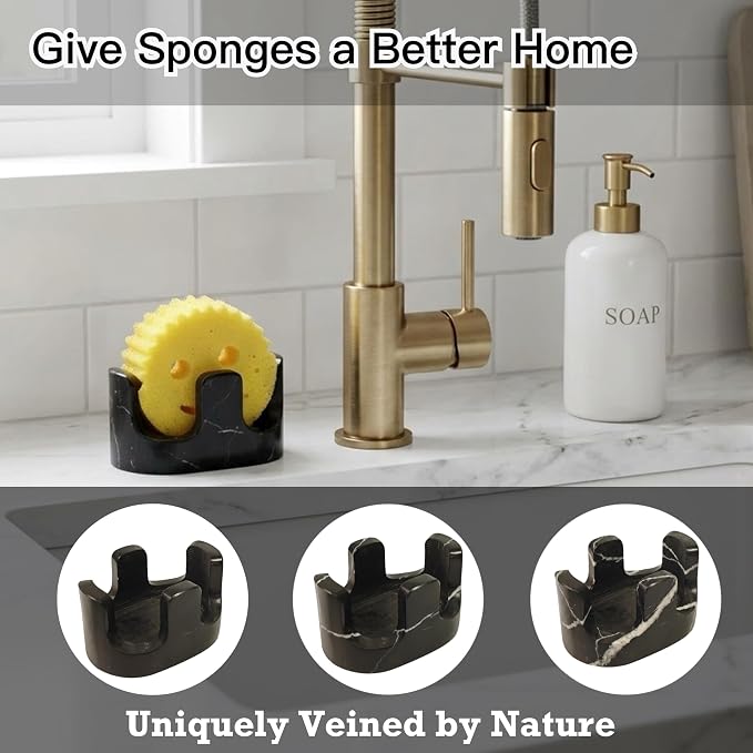 Black Marble Sponge Holder for Kitchen Sink, 2-in-1 Natural Stone Sponge & Brush Holder with Raised Edge, Keeps Countertops Dry, Heavy & Stable, Non-Slip Base, Modern Luxury Kitchen Decor - Image 3