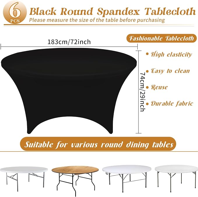 HAISIWLKJ 6Pcs 6FT Black Round Spandex Tablecloth 72 inch Stretchable Table Cover Tight Fit Stretch Tablecover Wrinkle Resistant Washable Table Cloth for Weddings Birthday Banquets Parties Festival - Image 2
