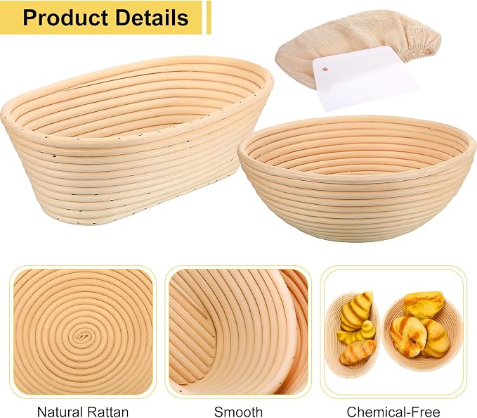 Geetery 6 Pack Bread Banneton Proofing Baskets 10 Inch Oval and 9 Inch Round Rattan Sourdough Baskets Dough Proofing Bowls with Liners and Dough Scraper for Home Sourdough Bread Baking Supplies - Image 6