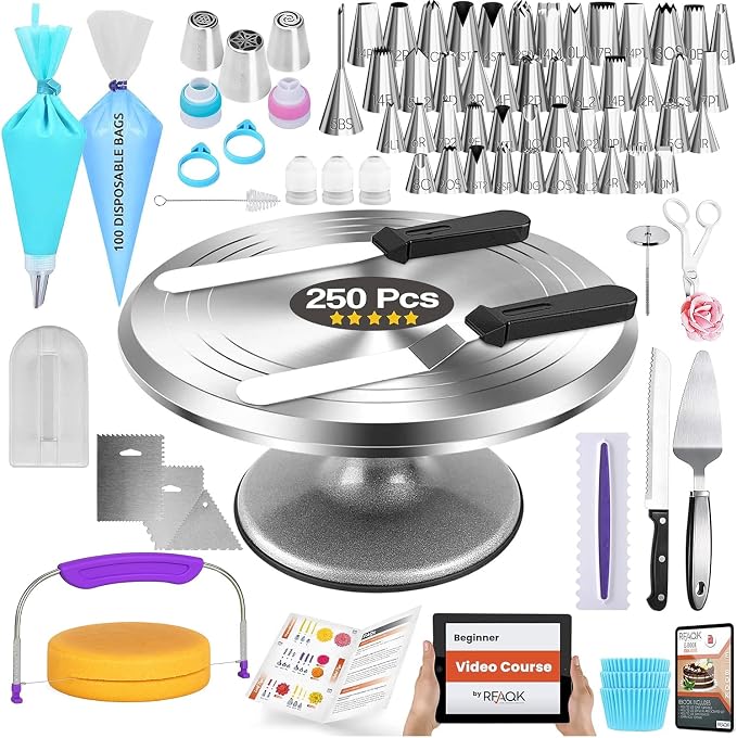 RFAQK 250 PCs Aluminum Cake Decorating Tools Kit with 12" Metal Turntable & Knife set-48 Numbered Icing Tips-3 Russian Piping Nozzles-Straight & Angled Spatula-Cake Leveler& Baking Supplies Tools by RFAQK