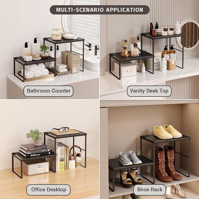 Spicy Shelf Stackable Kitchen Countertop Organizer Heavy Duty Kitchen Counter Shelf Metal Spice Rack for Countertop (2 Pack, Black) - Image 3