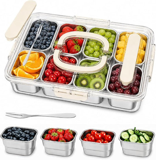 Ankou Snackle Box Container, Stainless Steel Divided Serving Tray with Lid, Handle and Forks by ANKOU