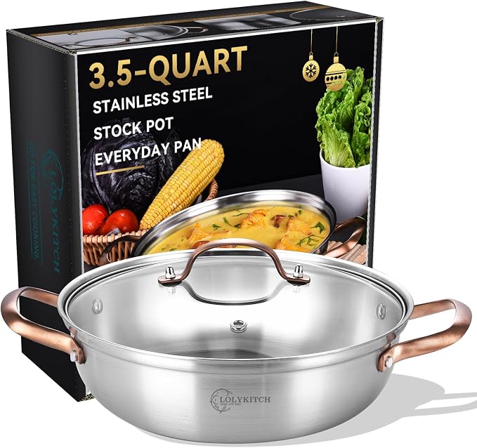 LOLYKITCH 3.5-Quart Stainless Steel Kadai with Lid | 11-Inch Hotpot Pot by LolyKitch