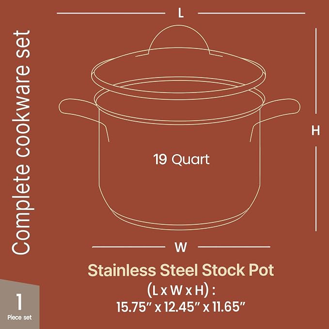 Stainless Steel Stockpot with Tempered Glass Lid 19 Quart, Durable 18/0 Stainless Steel, Impact-Bonded Base for Even Heating, Riveted Handles, Oven & All Stove Compatible, Safe Up To 500°F (260°C) - Image 2