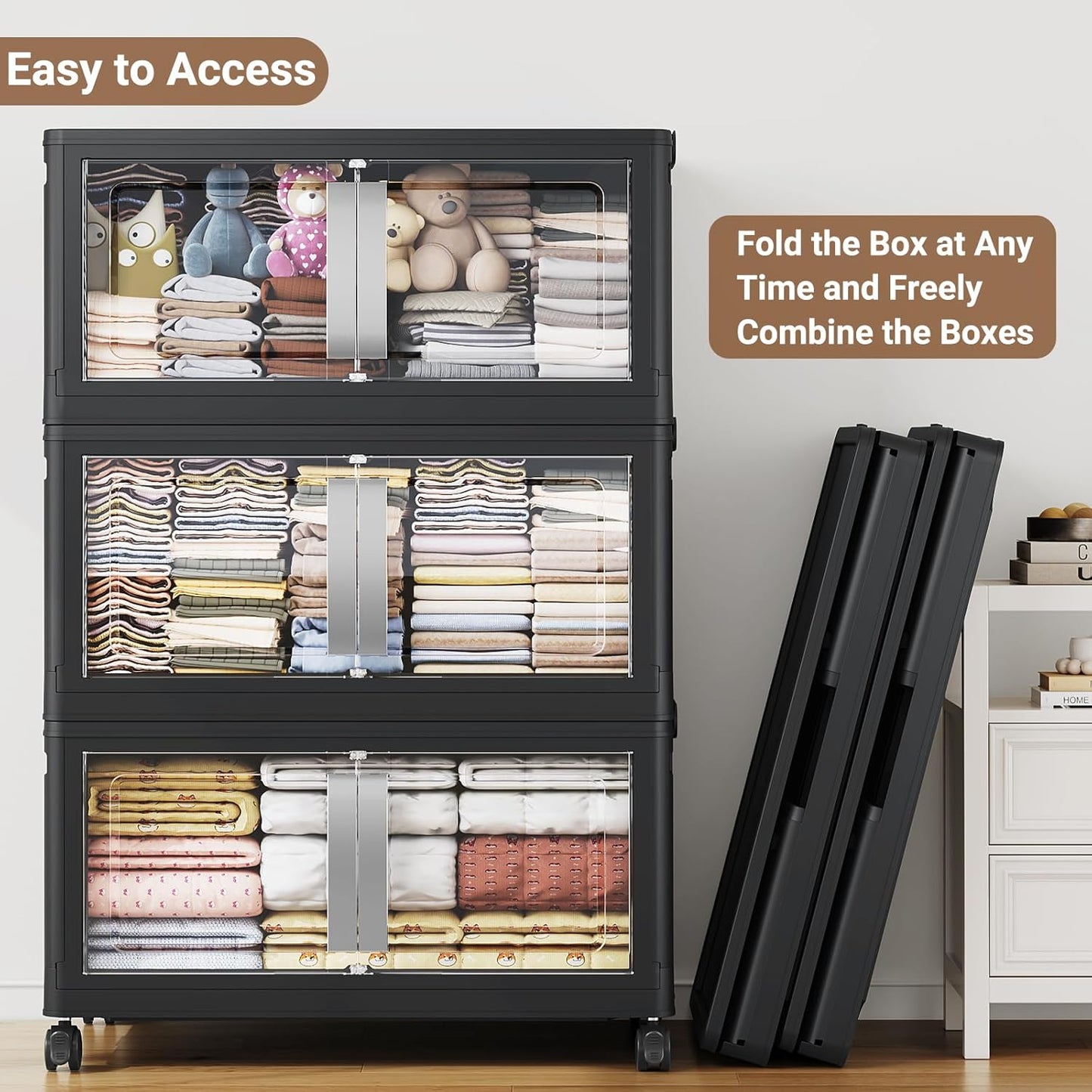 640QT Stackable Storage Bins with Lids, 160Gal Extra Large Collapsible Storage Box with Wheel, Plastic Storages with Clear Door Open Front for Home Bedroom Garage, Black-4pack