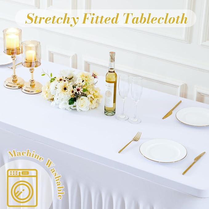 gogoparti 4 Pack Spandex White Fitted Table Cloth for 8ft Rectangle Tables White Stretch Tablecloth Table Covers Skirt Banquet Wrinkle Free Tablecloths for Parties Wedding - Image 7