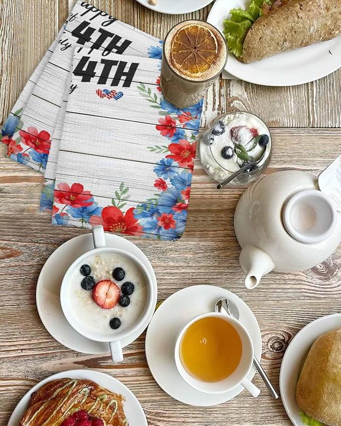 Independence Day Hand Towels Set,Waffle Weave Kitchen Towels 2PCS,USA Flag Flowers Leaves Grey Wood Grain Microfiber Hair Face Bath Tea Towel Absorbent Quick Drying Cleaning Dish Cloths,15.7"x23.6" - Image 4