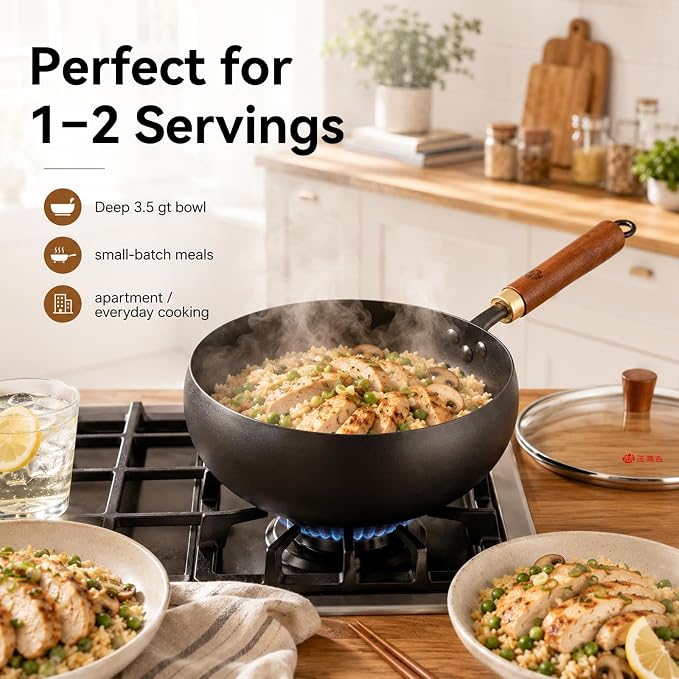 WANGYUANJI 9.5-Inch Carbon Steel Wok with Lid, Flat Bottom Stir Fry Pan - Image 3