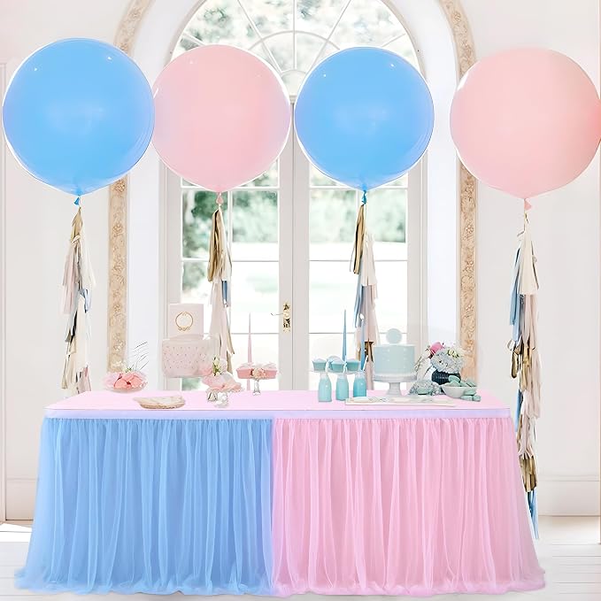 167in Blue Pink Tulle Table Skirts for Rectangle Tables 6/8ft, 2-Layer Gold Grim Ruffle Gender Reveal Tulle Tutu Cloth Table Skirt 14ft for Birthday Party Baby Shower Cake Dessert(No Table Cover) - Image 5