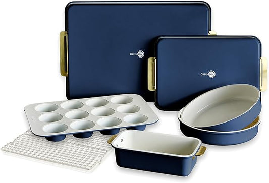 GreenPan Bakeware Set, 7 Piece Nonstick Ceramic Gold Handle Baking Sheets, Cake Pans, Loaf Pan, Muffin Tin, Cooling Rack, PFAS & BPA Free, Freezer to Oven Dish, Bake & Roast Ovenware, Oxford Blue by GreenPan