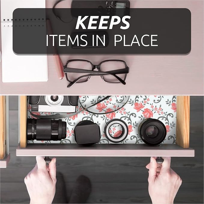 FIFTY FEET 12X120 Inch Shelf Liner for Kitchen Cabinets, PVC Drawer Liner for Dresser Non-Slip Bathroom, Non-Adhesive Cabinet Liner Washable (Red Floral)(2 Roll) - Image 6