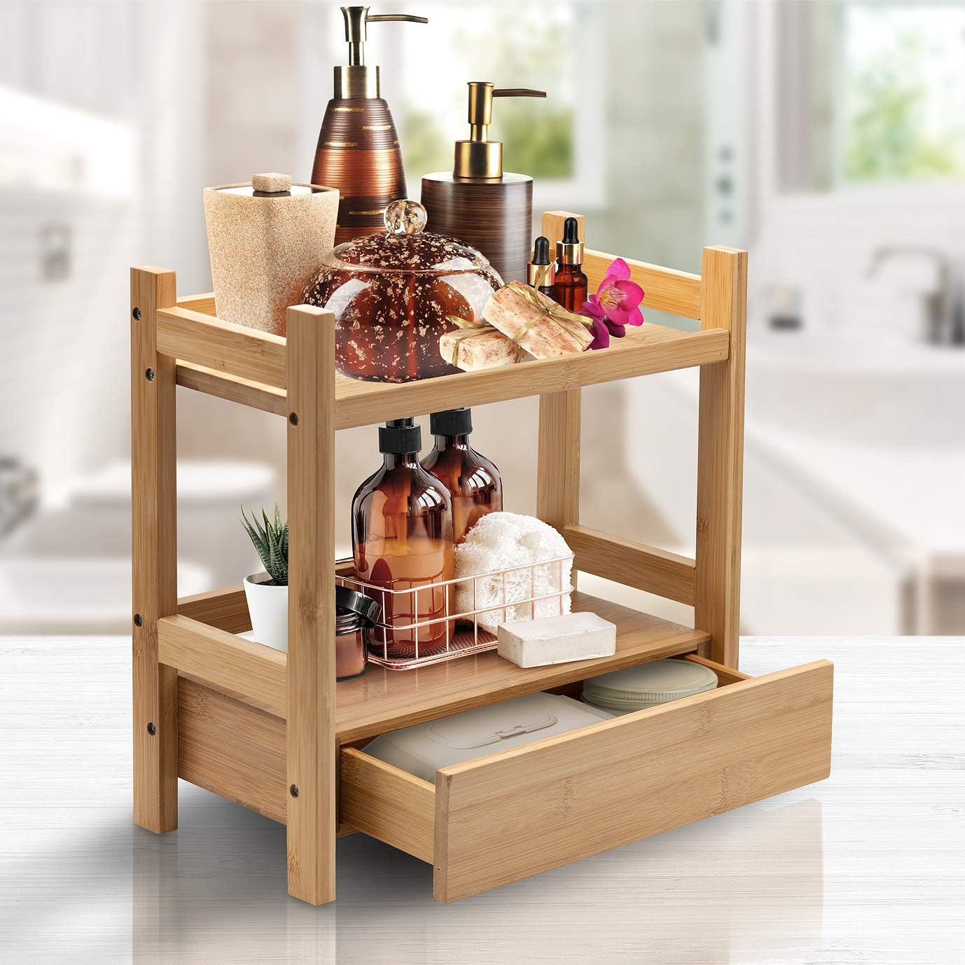 Sorbus Bamboo Bathroom Counter Organizer – 2-Tier Shelf with Hidden Drawer for Vanity, Matcha Station, Bathroom Sink Organizer Countertop, Kitchen & Office Storage (13″ L x 6.5″ W x 12.6″ H)