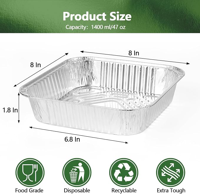 Thickened 50 Pack Heavy Duty Aluminum Pans, 8x8 Small Disposable Aluminum Baking Pans, Square Tin Foil Roasting Tray for Cooking, Meal Prep, Catering, Events, Carton Packaging - Image 4