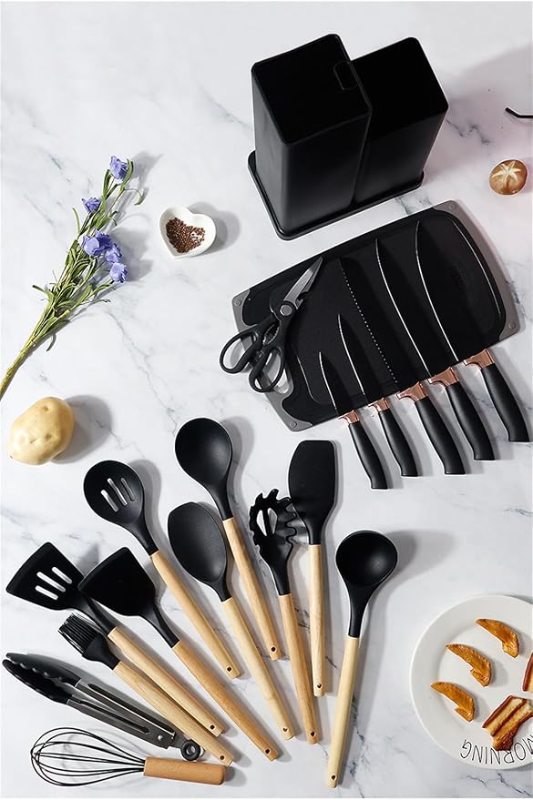 19 Pcs Kitchen Cooking Utensils and Knife Set with Block, Include 11 Pcs Silicone Cooking Utensils Set 5 Pieces Sharp Stainless Steel Chef Knives Scissors Whisk Tongs and Cutting Board (Black) - Image 2