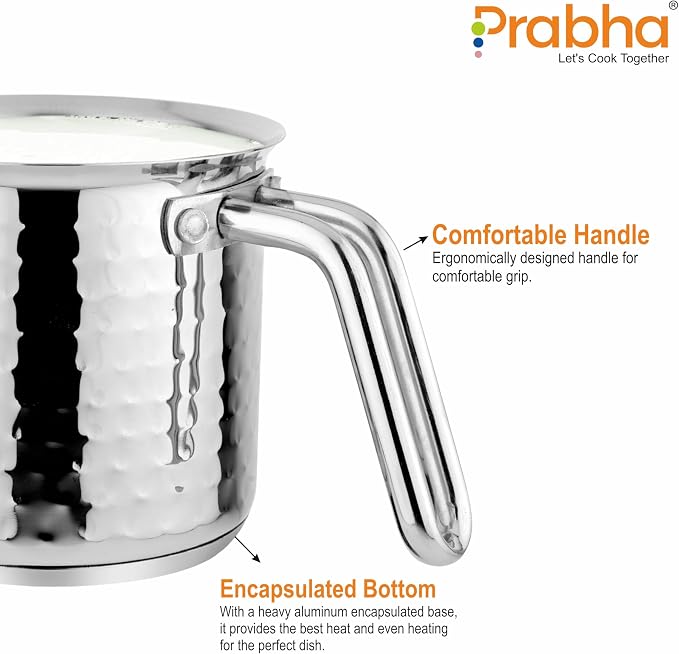 Prabha Stainless Steel Milk Pot With Handle 11cm 1.1 Litre | Hammered Milk Boiler Glass Lid Steam Vent | Tea Container Water Boiling | Coffee/Milk Warmer, Even & Faster Heating | Induction & Gas Stove - Image 5
