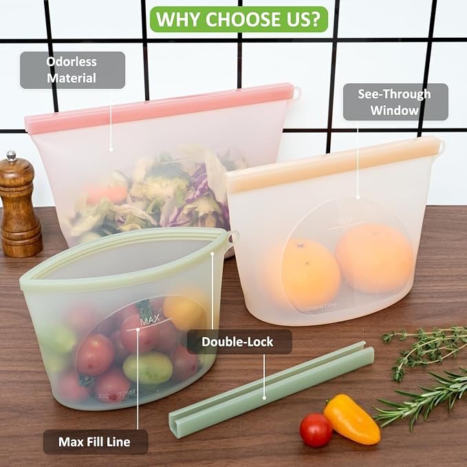 100% Reusable Silicone Bags for Food Storage, 12 Pack Double-Lock Reusable Bags Stand-Up Wide-Mouth Leakproof for Soup, Sous Vide, Freezer Microwave Dishwasher Safe, 4 Half Gallon 4 Sandwich 4 Snack - Image 5