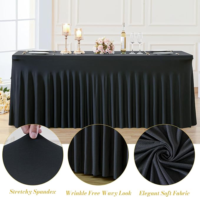 gogoparti 2 Pack Spandex Black Fitted Table Cloth for 8ft Rectangle Tables Black Stretch Tablecloth Table Covers Skirt Banquet Wrinkle Free Tablecloths for Parties Wedding - Image 6