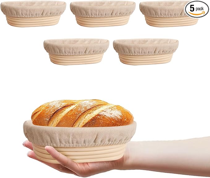 5 Pack Oval Banneton Proofing Basket Set 6 Inch, Natural Rattan Sourdough Bread Baskets with Linen Liners, Mini Dough Baking Bowls for Artisan & Home Bakers (6" Oval, Set of 5) by Unknown