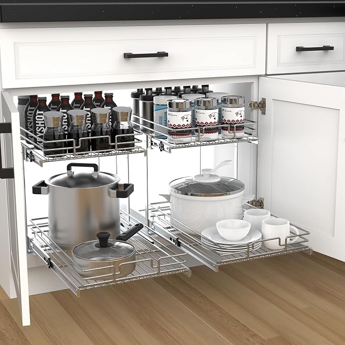 2 Tier Pull Out Cabinet Organizer, 23" W x 21" D Heavy-Duty Metal Sliding Drawer Shelf for Kitchen Cabinets, Chrome, Doesn't Include Door Fittings - Image 8
