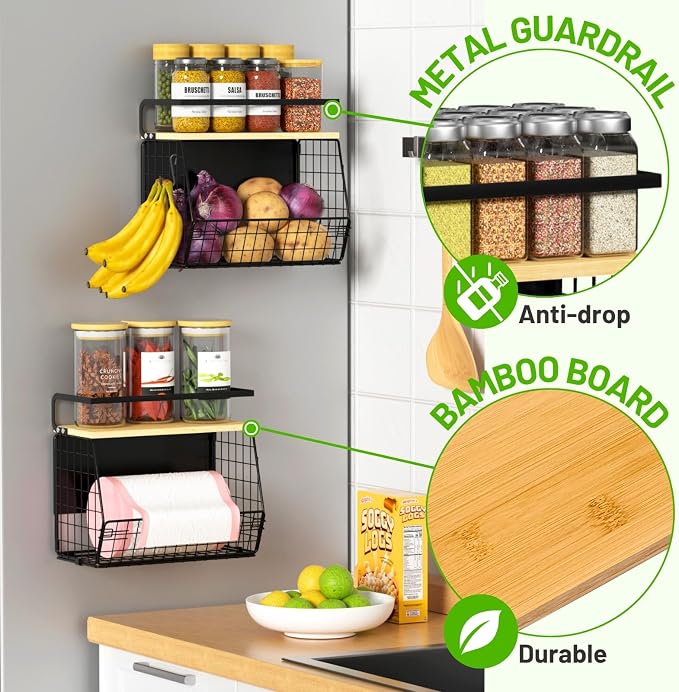 Ofiray-home Magnetic Shelf for Fridge with Wood Lid, Fruit Potato and Onion Storage Bins, Pantry Organizers & Storage, Large Container Magnetic Spice Rack for Refrigerator, Kitchen Counter (Black, 1) - Image 3