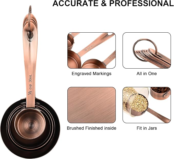 Copper Measuring Cups and Spoons Set 17 for Dry & Liquid, Metric & Us Stainless Steel Measuring Cups and Spoons Set with Leveler for Kitchen & Baking with 3/4 & 2/3 Measurer Cup - Image 5