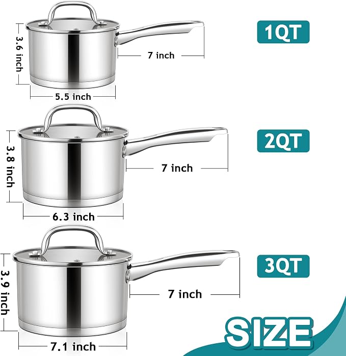 E-far Saucepan with Lid Set, Stainless Steel Sauce Pan Boiling Pot 1&2&3QT - Image 2