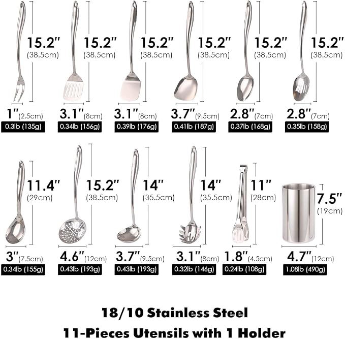 18/10 Stainless Steel Kitchen Utensils Set with Holder for Countertop | 15″ Spatula Spoon Set with Storage Organizer, 12-Pieces, Fork, Tongs, Spatula, Ladle, Skimmer, Turner, Spaghetti, Large Spoon - Image 2