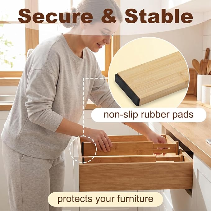 Joyeee Kitchen Drawer Dividers 8 Pack, 16.9-22" Adjustable Bamboo Drawer Organizer, 2.28" High Expandable Utensils Separators for Closet, Dresser, Bathroom, Bedroom - Image 5
