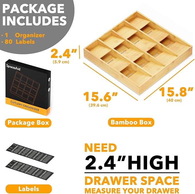 SpaceAid Bamboo Silverware Drawer Organizer with Labels, Kitchen Utensil Tray Holder Organizer for Flatware, Cutlery, Spoon and Knives Drawer Storage Organization (12 Slots) - Image 3