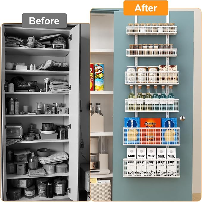 6-Tier Over The Door Pantry Organizer,Hanging Spice Rack,Grid Basket,White - Image 8