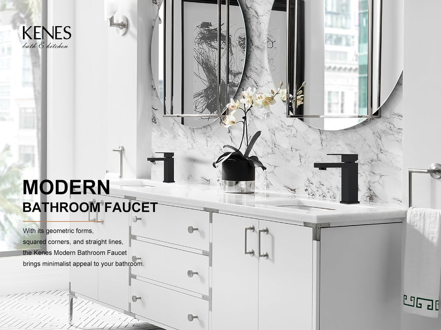 KENES Matte Black Single Handle Bathroom Sink Faucet, Stainless Steel Vanity Faucet for Bathroom Sink, with Pop Up Drain Stopper & Water Supply Hoses LJ-9031-2