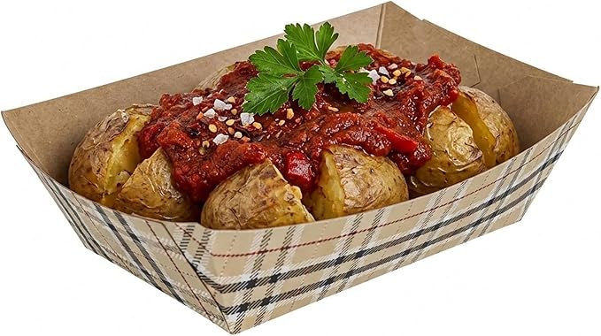 Restaurantware-Bio Tek 1/2 Pound Food Trays, 50 Disposable Paper Food Trays - Heavy-Duty, Greaseproof, Plaid Paper Food Boats, For Snacks, Appetizers, Or Treats, Use At Parties Or Carnivals by Restaurantware