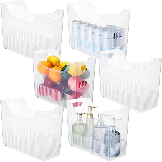 Qunclay 6 Plastic Freezer Organizer Bins with Wheel Set Clear Tall Narrow Kitchen Pantry Organizer Snack Storage Containers for Office Refrigerator(10 x 13.3 x 5.5 Inches) by Qunclay