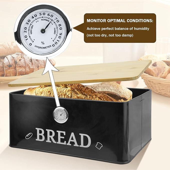 Black Bread Box for Kitchen Countertop, Bamboo Lid with Hygrometer - Image 6