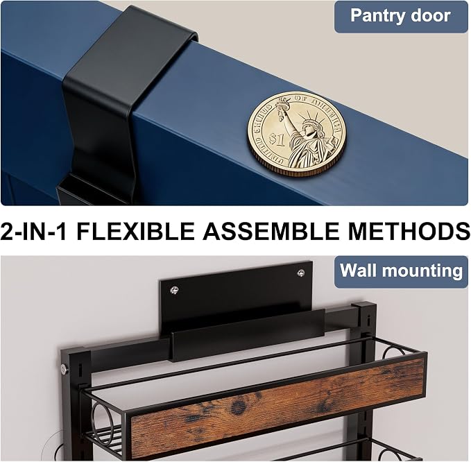 6 Tier Pantry Door Organizer Spice Rack, 2-IN-1 Wall Mount or Hanging Over Door Seasoning Organizer with Adjustable Baskets, Heavy Duty Behind Door Storage Shelves for Pantry, Cabinet and Kitchen - Image 6