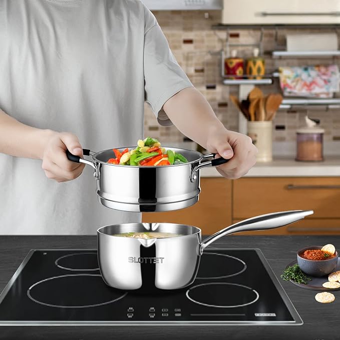 SLOTTET Tri-Ply Whole-Clad Stainless Steel Saucepan with Steamer,2.5 Qt Small Multipurpose Pot with Pour Spout,Strainer Glass Lid, 2 Quart Sauce Pan for Cooking with Stay-cool Handle. - Image 2