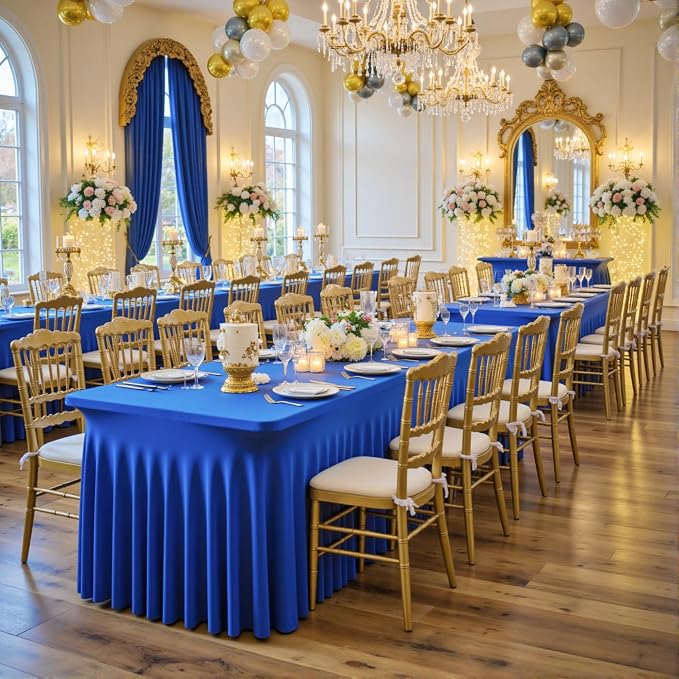 2 Pack Royal Blue Spandex Table Clothes for 6 Foot Rectangle Tables, Wrinkle Free Fitted Table Cover 6ft Stretchy Tablecloths with Skirt for Parties Weddings Birthday Banquet Baby Shower - Image 3