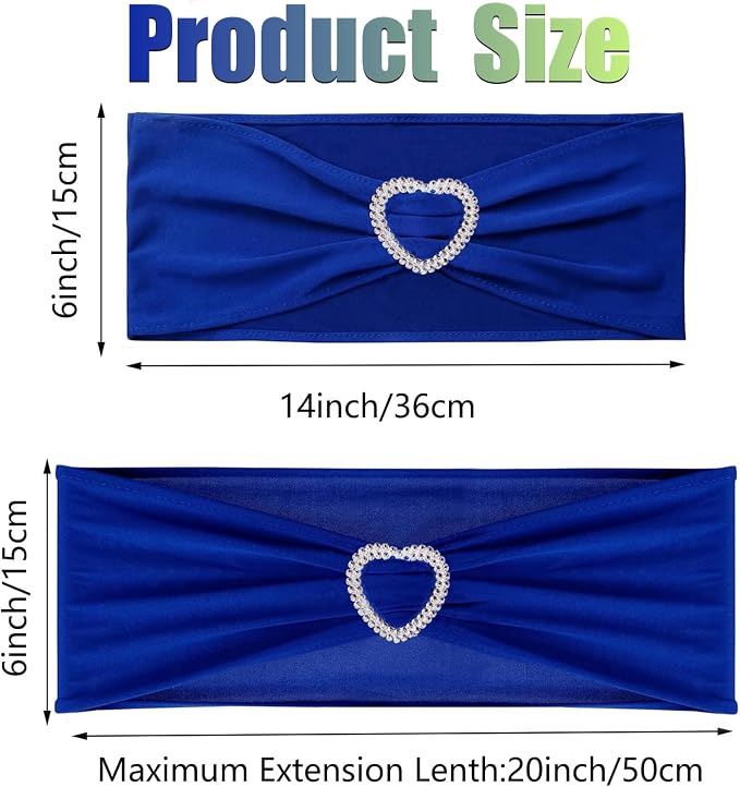 Royal Blue Chair Sashes 25 Pack Spandex Blue Sashes for Chairs Covers Universal Stretch Chair Sashes Band with Heart Buckle Slider for Wedding Banquet Party Decorations - Image 2