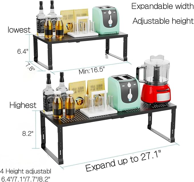 Heavy-Duty Adjustable Metal Shelf Organizer - Expandable & Stackable Pantry Storage Rack for Kitchen, Bathroom, RV, Cabinets(2 Packs/Black, Large) - Image 3