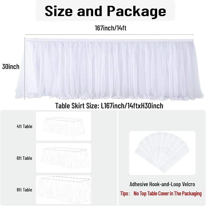 167in White Tulle Table Skirts for Rectangle Tables 6ft 8ft, 2-Layer Gold Grim Ruffle Tulle Tutu Cloth Table Skirt 14ft Long for Wedding Birthday Party Baby Shower Cake Dessert Tables(No Table Cover) - Image 5