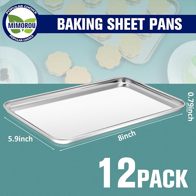 Mimorou 12 Pcs Baking Sheet Stainless Steel Cookie Sheet Small Metal Pans Professional Rectangle Oven Trays Kitchen Baking Cooking Oven and Toaster, Dishwasher Safe(8 x 5.9 Inches) - Image 2