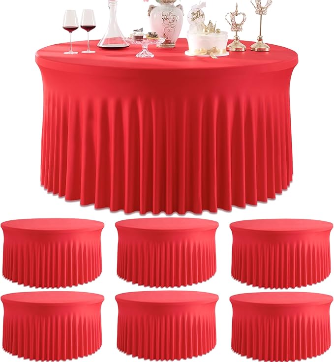 6 Pack Red Spandex Round Tablecloths for 72inch Table, 132in Stretchy Fitted 6ft Tablecloths, Wrinkle Free Round Table Clothes Covers with Skirt for Wedding Birthday Parties Banquet by Htper