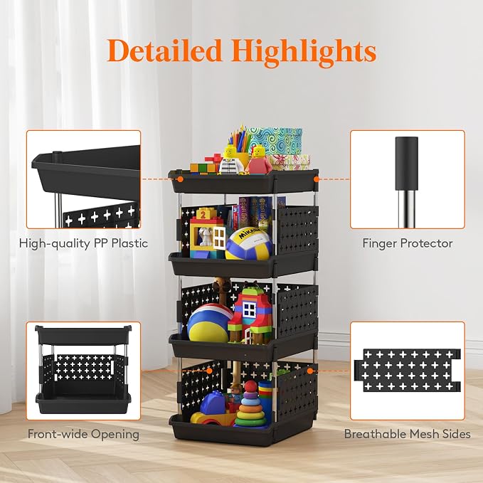 Lifewit 4 Tier Plastic Stackable Storage Baskets for Clothes 1 Pack, Black - Image 6